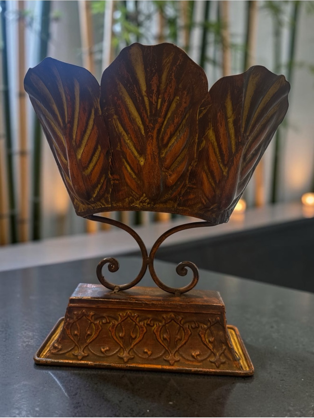 Decorative Metal Vase Rustic Brown with Patina Highlights.